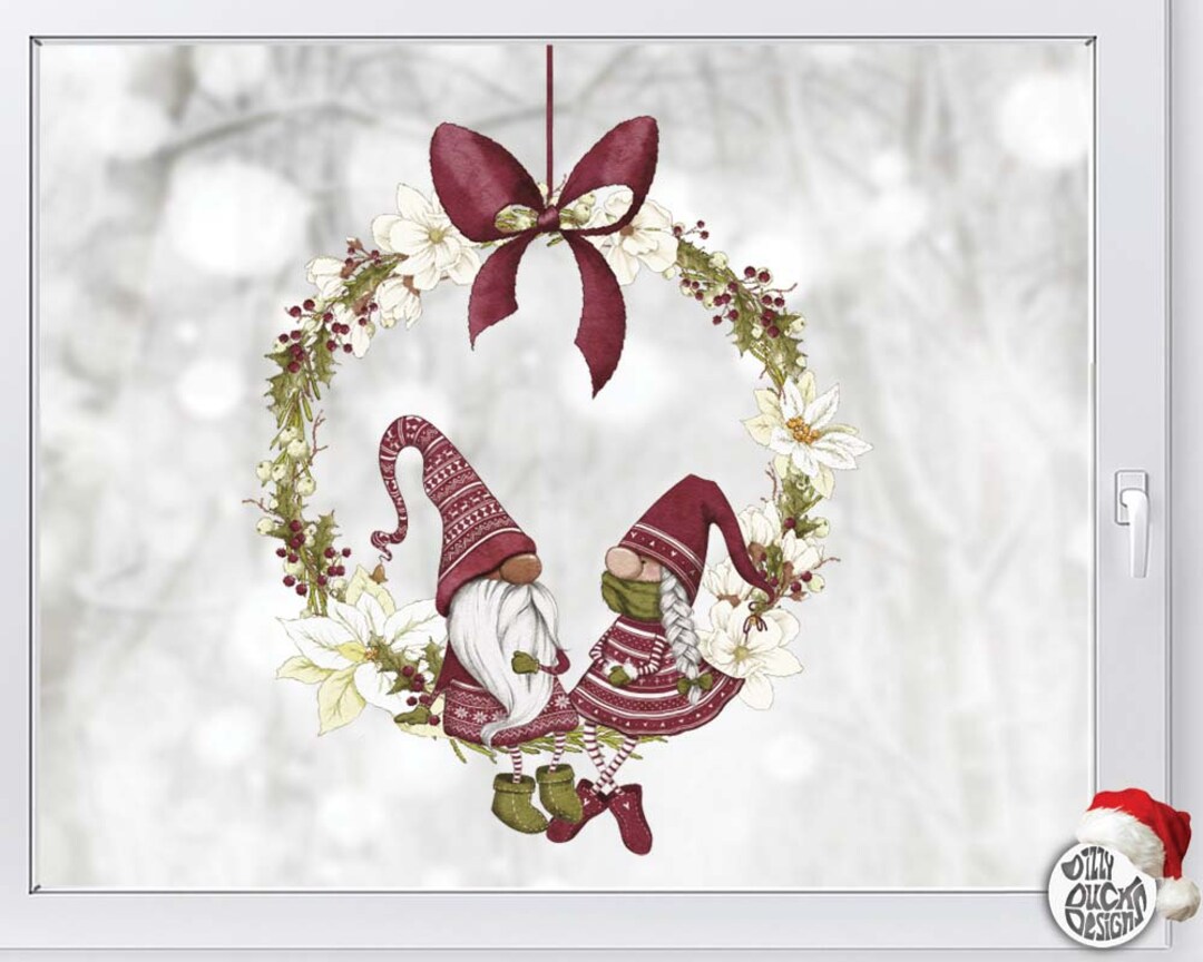 Christmas Gnome Wreath Window Cling - Red Xmas Gonk Window Stickers ...