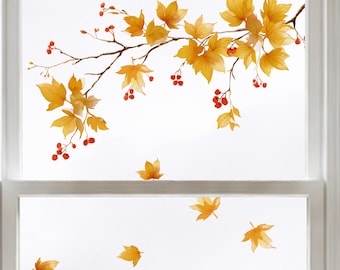 Raamsticker herfsttak in herfstoranje en geel | Binnen en buiten zichtbaar