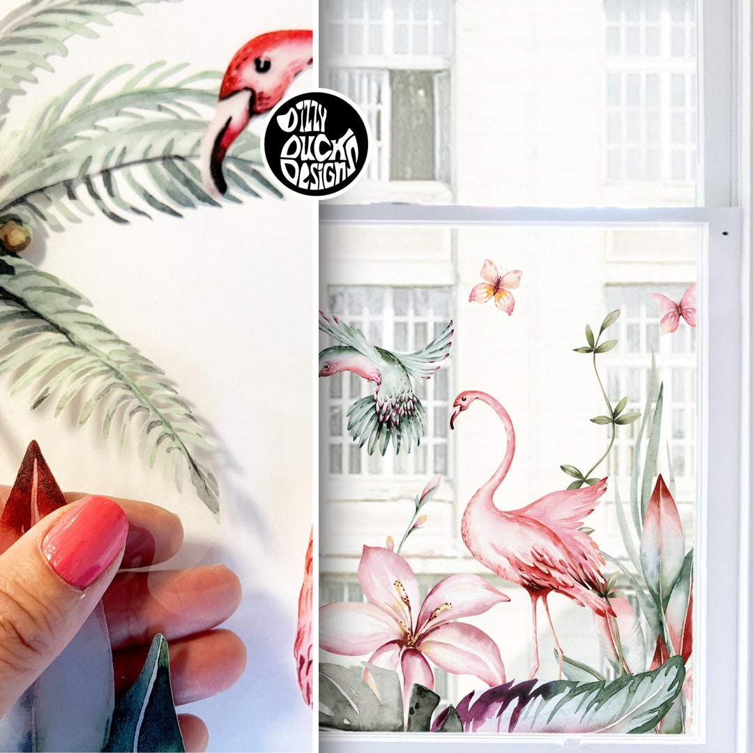 Tropical Window Privacy Film - Flamingo Decorative Window Cling Vinyl ...