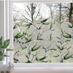 Green Bamboo Leaves Frosted Privacy Film Border Window Sticker - Reusable Custom Size Frost Window Decals by Dizzy Duck Designs