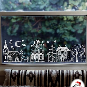 Pegatinas para ventanas con diseño de pueblo navideño dibujado a mano de Dizzy Duck White - Adhesivos reutilizables de doble cara