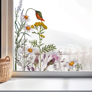 2x Flower Meadow Window Decal Corners - Decorative Botanical Floral Wild Flower Window Decals - Reusable Double Sided Window Clings