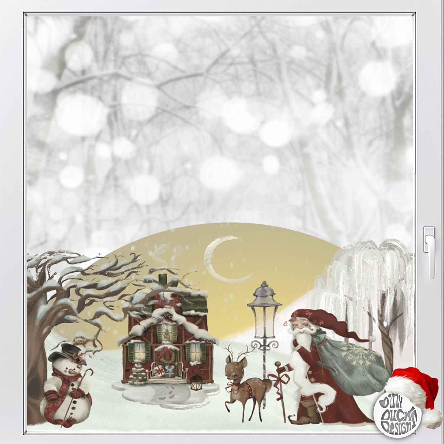 Dizzy Duck weihnachtlicher Fensteraufkleber - Vintage Weihnachtsmann verschneite Winterszene - Wiederverwendbare saisonale Fensterdekoration