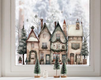 Dizzy Duck Starry Night Christmas Village Window Decal - Double-Sided Reusable Winter Cling