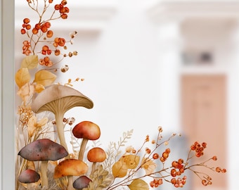 Herfst oranje aquarel blad paddenstoel raamstickers | Binnen en buiten zichtbaar