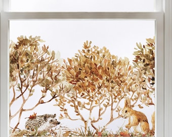 Raamsticker met herfstbosmotief, egel en eekhoorn | Ideaal voor winkelpresentaties
