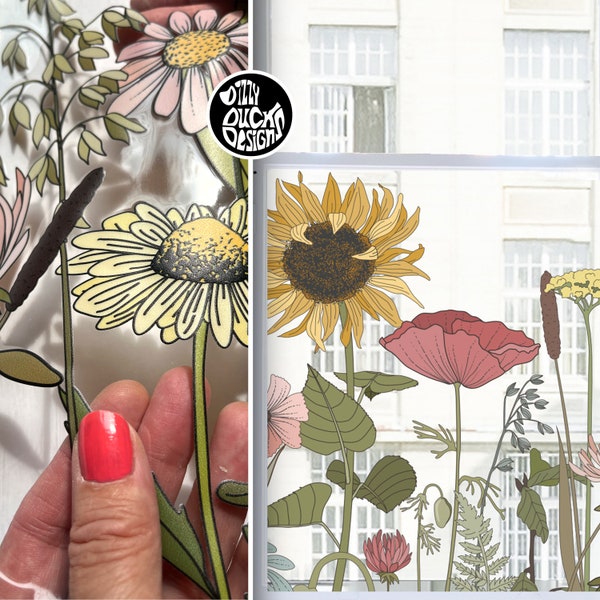 Retro Flower Window Decal Border - Non Sticky Reusable Summer Floral Decorative Window Privacy Film by Dizzy Duck