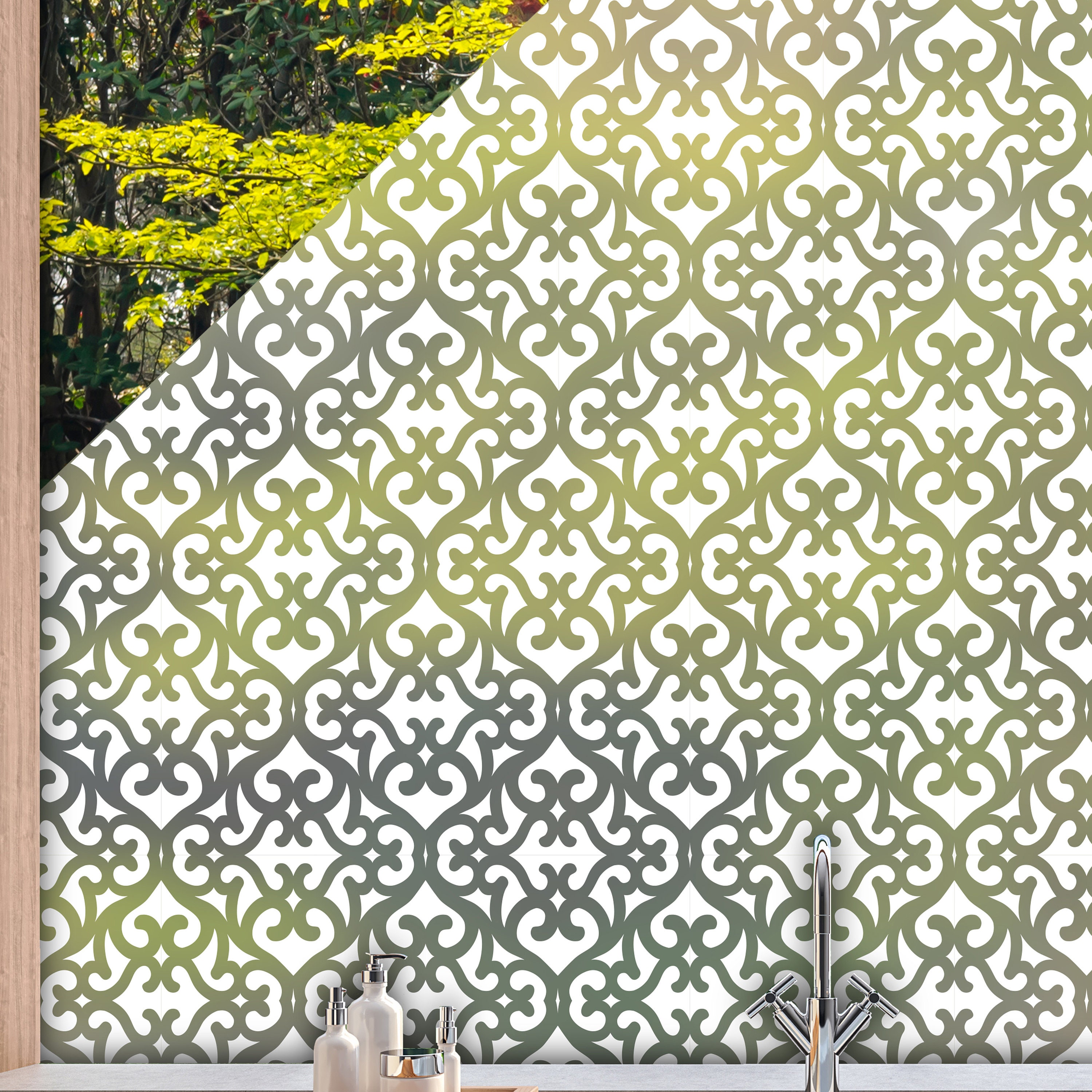 Moroccan Frosted Privacy Window Panel - Karachi Window Privacy Sticker Decal by Dizzy Duck