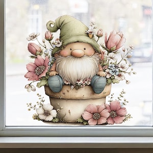 May include: A whimsical illustration of a garden gnome sitting in a flower pot. The gnome wears a green hat and has a long white beard. The pot is surrounded by pink and white flowers, creating a charming, spring-themed design.
