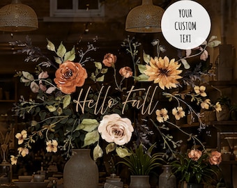 Hallo herfst, aardse bloemen, raamsticker met gepersonaliseerde quote | Zichtbaar van binnen en van buiten
