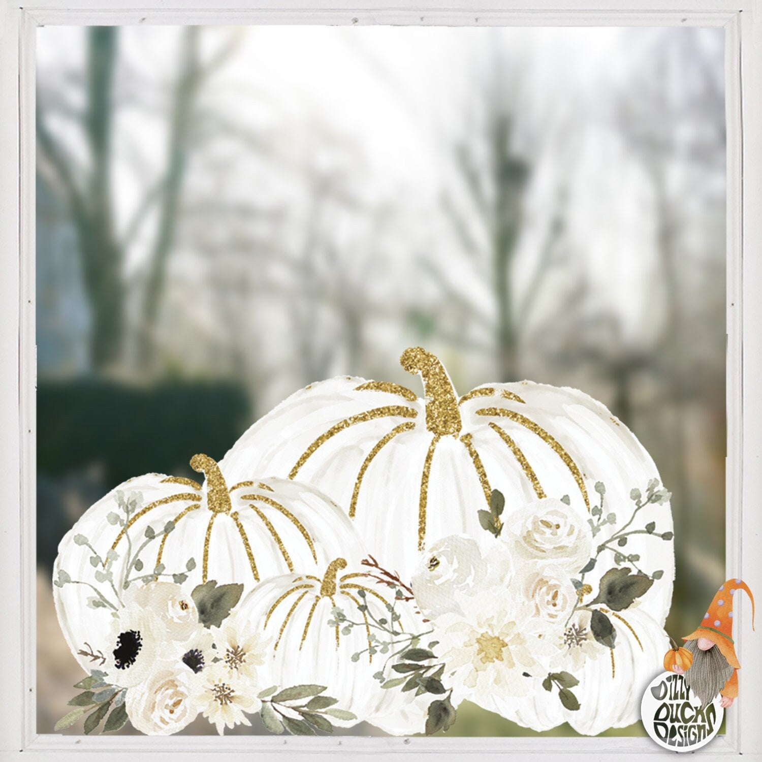 Gold White Pumpkin Window Decal - Classy Fall Décor - Green Leaves White Flower Autumn Window Clings by Dizzy Duck