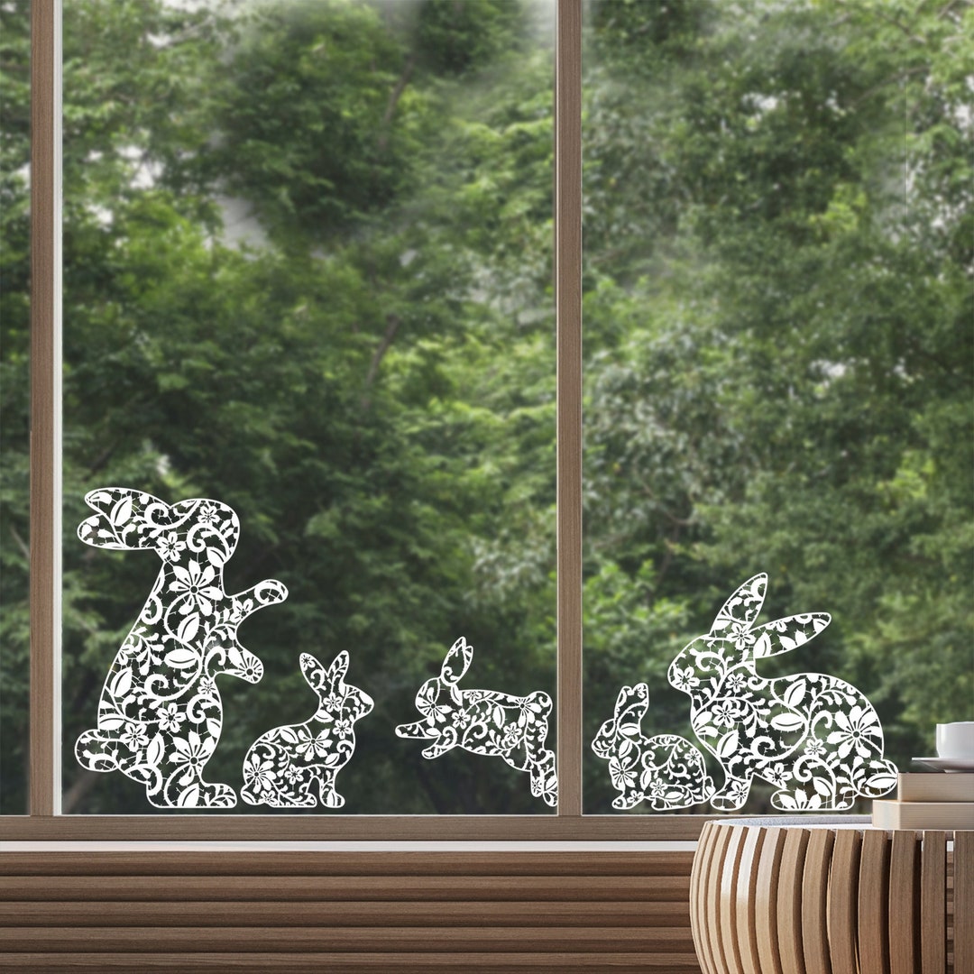 5x Easter Bunny Window Stickers - White Lace Spring Easter Window Cling ...