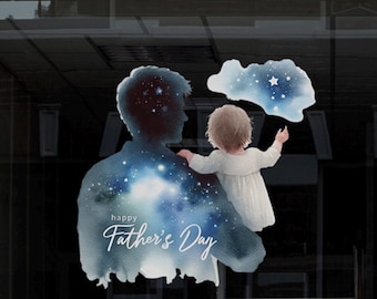 Happy Fathers Day herbruikbare dubbelzijdige raamstickers – Dad & Baby Blue Watercolor Sky