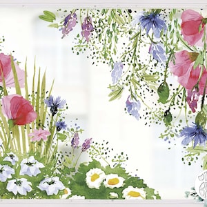 May include: Watercolour painting of a floral arrangement featuring pink, blue and white flowers. The flowers are arranged in a loose, natural style, with a soft white background.