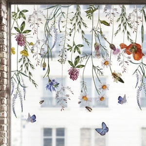 Botanical Meadow Flower Custom Window Decal Sticker - Wild Floral Window Privacy Film Border - Reusable Static Clings by Dizzy Duck