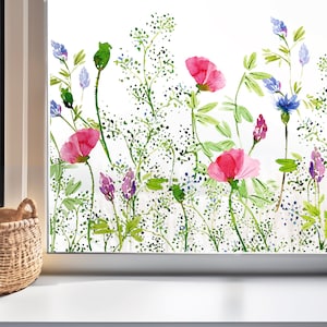 Watercolour Flower Meadow Easy To Apply Reusable Static Cling Privacy Film Border Window Sticker - Window Decals by Dizzy Duck Designs