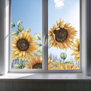 Película adesiva decorativa para janela com estampa de girassol amarelo da Dizzy Duck - Faixa decorativa de verão reutilizável em vinil aderente.