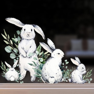 4x Dizzy Duck White Easter Bunny Rabbits with Green Leaves Reusable Spring Cling Window Decals