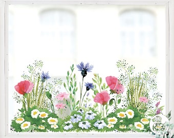 Watercolour Spring Meadow Window Decal - Reusable Pink Blue Flower Window Stickers - Spring Easter Window Clings by Dizzy Duck