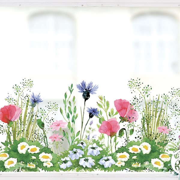 Watercolour Spring Meadow Window Decal - Reusable Pink Blue Flower Window Stickers - Spring Easter Window Clings by Dizzy Duck