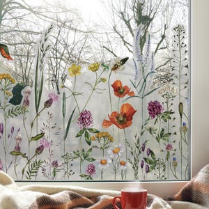 Floral Frosted Window Film - Meadow Flowers Window Border Stickers for Privacy - Decorative Watercolour Frosted Window Decals by Dizzy Duck