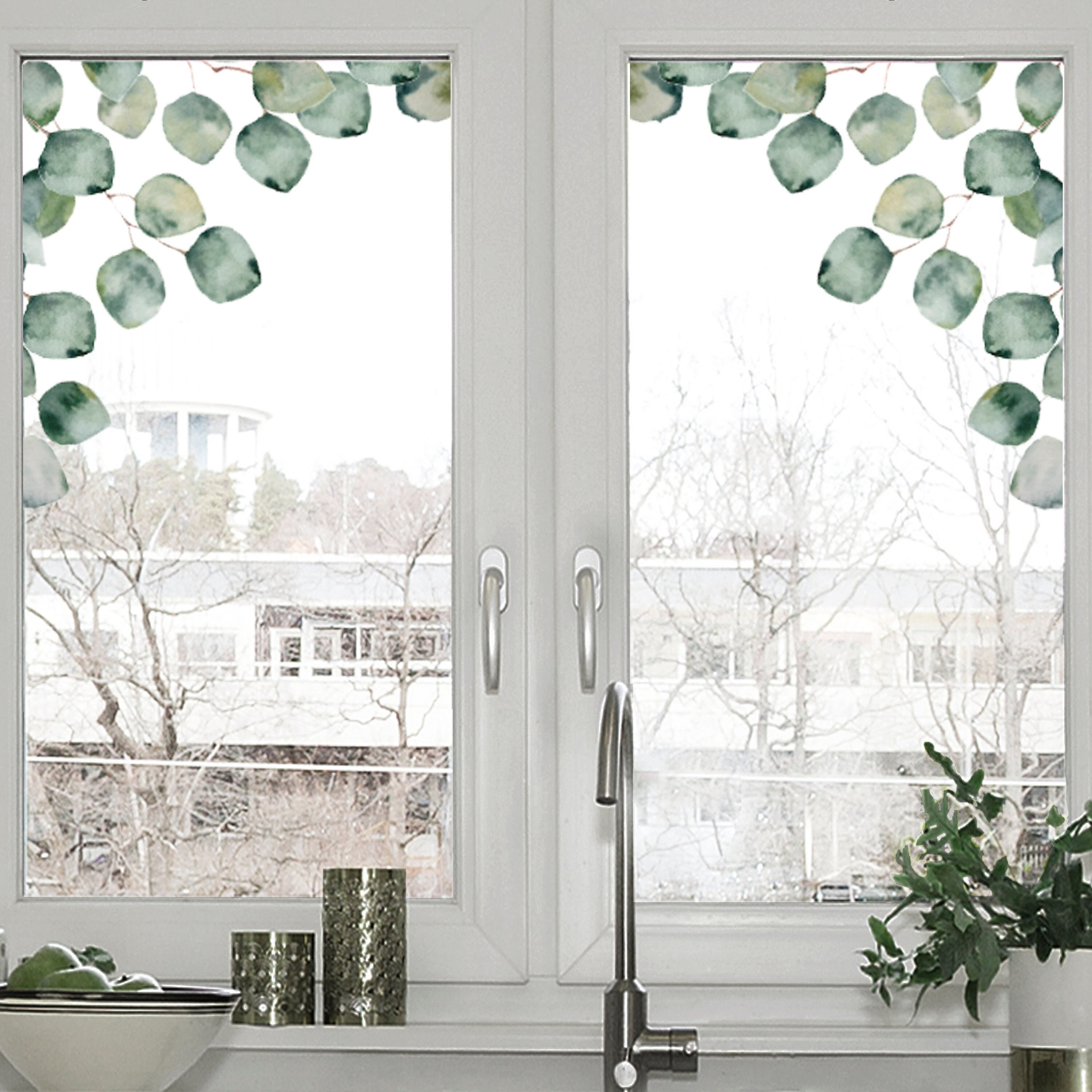 2x Eucalyptus Plant Window Decal Corners - Reusable Static Cling Vinyl Green Leaves Corner Plant Window Sticker by Dizzy Duck