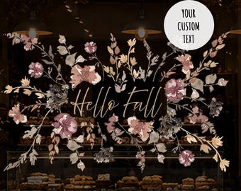 Herfstbloemen in neutrale tinten | Raamsticker met gepersonaliseerde tekst | Ideaal voor raamdecoratie thuis en op kantoor