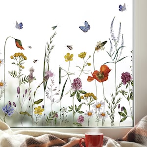 Floral Window Film - Botanical Meadow Flowers Window Border Stickers for Privacy - Reusable Decorative Window Decals by Dizzy Duck