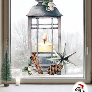 Dizzy Duck Christmas Window Sticker - Vintage Lantern & Star Reusable Double-Sided Cling Decal
