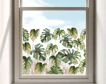 Pellicola per finestra con bordo in vinile adesivo riutilizzabile Dizzy Duck Green Monstera Leaf Tropical Privacy