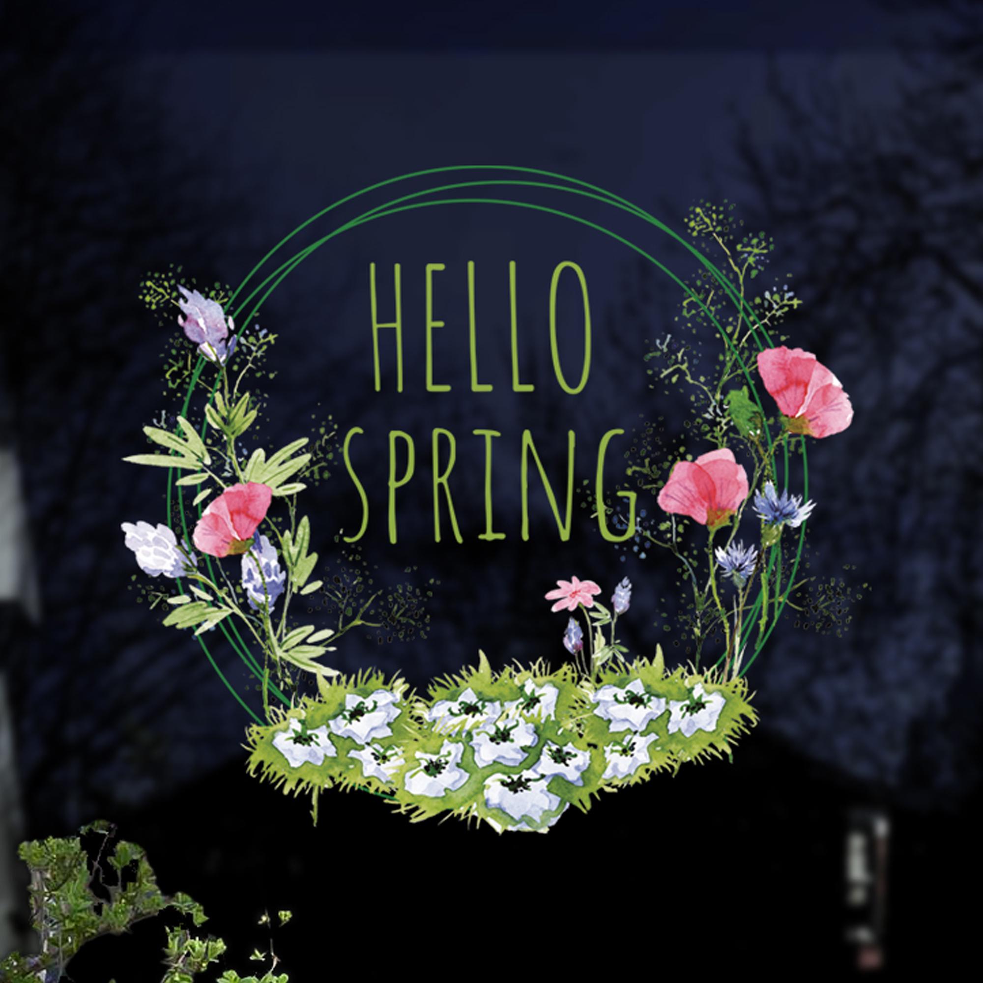 Spring Comp Decal Dizzy Duck Hello Spring Quote Watercolour Meadow Flowers Wreath ...