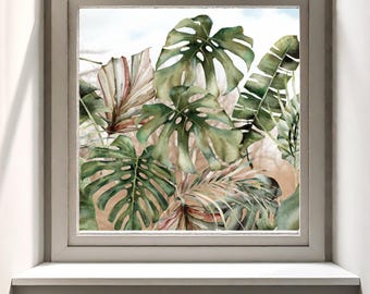 Pellicola per la privacy per finestre Dizzy Duck Tropical Leaves - Vinile statico riutilizzabile e antiaderente