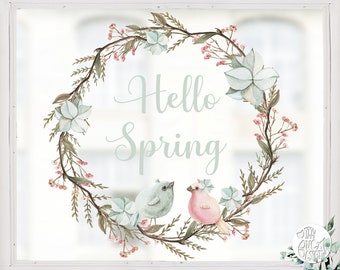 Hello Spring Flower Wreath Window Decal - Pink Blue Pastel Flowers Birds Window Cling - Easter Window Stickers by Dizzy Duck