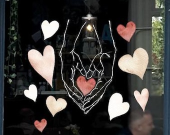 Adesivo de vitrine de feliz dia dos namorados com corações e mãos - Adesivos de janela reutilizáveis e fáceis de aplicar da Dizzy Duck