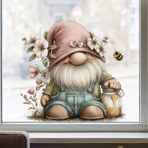 May include: A whimsical illustration of a garden gnome with a long white beard, wearing a pink hat and denim overalls. The gnome holds a jar of honey, with a bee buzzing nearby. Flowers and foliage surround the gnome, creating a charming, fairytale scene.