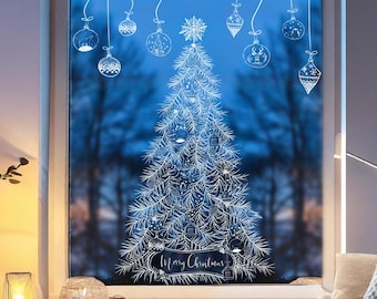 May include: A window with a blue background featuring a white Christmas tree design and hanging ornaments. The words "Merry Christmas" are written at the base of the tree. The window is framed in white.