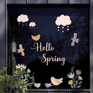 Dizzy Duck Reusable Hello Spring Quote with Flowers and Birds Window Decal Set