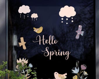 Conjunto de adesivos de janela reutilizáveis Dizzy Duck com a frase "Olá Primavera", flores e pássaros.