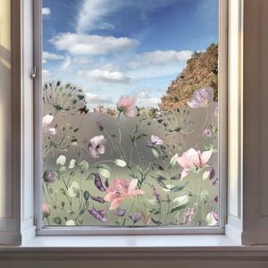 Floral Frosted Window Privacy Film - Summer Pink Purple Flowers Frost Window Decal Border Sticker - Decorative Window Vinyls by Dizzy Duck