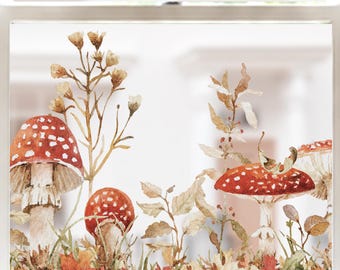 Raamdecoratie met rode en witte paddenstoelen in herfstkleuren | Directe raammetamorfose