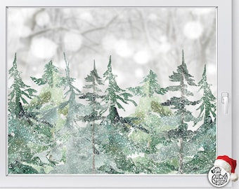 Green Watercolour Snowy Winter Forest Tree Window Decal Border - Reusable Classy Christmas Window Cling Sticker Décor by Dizzy Duck Designs