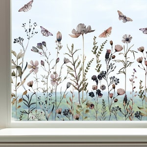 Magical Botanical Meadow Privacy Window Film - Floral Flower Custom Window Decal Border  - Reusable Static Clings by Dizzy Duck