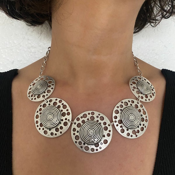 Stylish circle necklace, boho necklace, antique silver necklace, bohemian necklace, hippi necklace, chunky bib necklace, gift