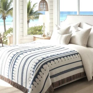 Blue Striped Woven Blanket Cozy Throw, Scalloped Edge with Dotted Pattern - Customizable