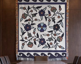 Iznik Pattern Textile Wall Hanging, Turkish Rug Inspired Woven Blanket, Ottoman Decor, Boho Statement Wall Art, Heritage Home Decor
