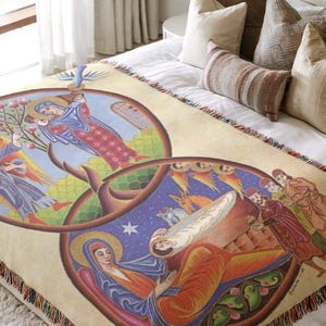Spiritual home decor, Artisan textile gift, Living Room Throw, Armenian Nativity Blanket, Annunciation Tapestry - Customizable