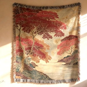 Japanese Landscape Wall Tapestry, Red Woven Textile Art Decor- Customizable