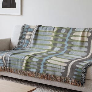 Woven Blanket Blue Green Cotton, Striped Cotton Throw, Neutral Sofa Throw, Boho Couch Blanket, Coastal Home Decor, Housewarming Gift- Custom