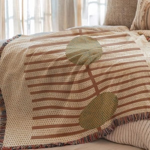 Woven Blanket Throw - Midcentury Modern Couch Accent - Rust Stripes Green Dot Pattern, Cotton, Cozy Home Decor