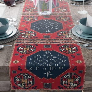 Armenian Alphabet Table Runner: Traditional Letters Design, Red Boho Napery | Cotton, Long 16x90 Inches, Cultural Dining Decor -Customizable